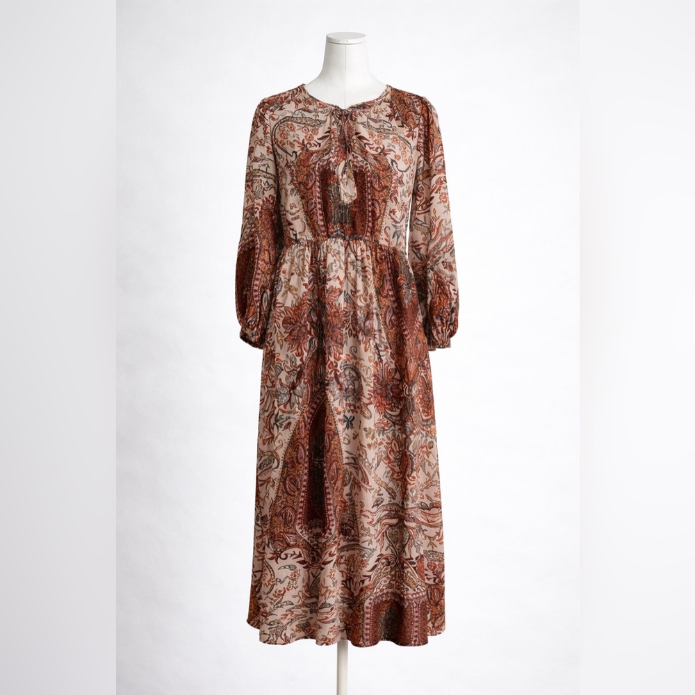 Zara Boho Paisley Midi Dress | Long Sleeve Bohemian Spring Flowy Dress